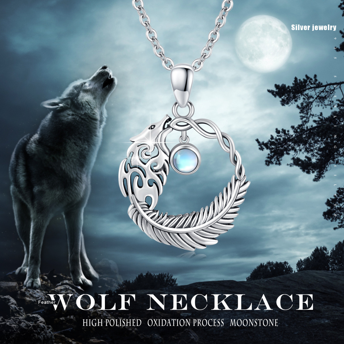 Sterling Silver Moonstone Wolf Pendant Necklace-6