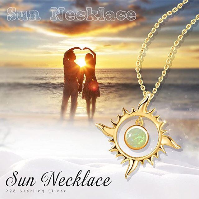 Sterling Silver with Yellow Gold Plated Circular Shaped Opal Sun Pendant Necklace-3