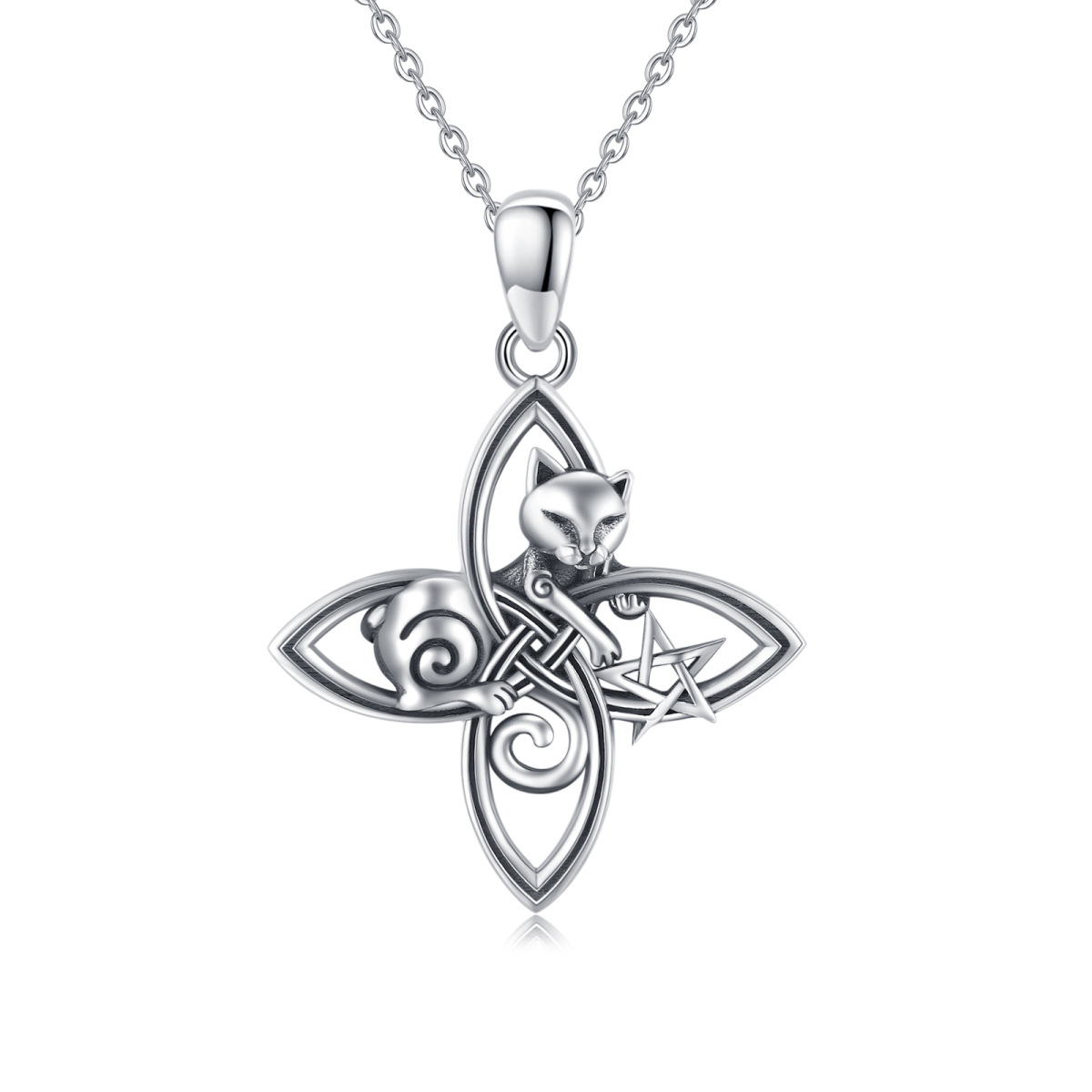 Collier en argent sterling avec pendentif chat et nœud en croix-1