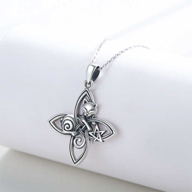 Sterling Silver Cat & Cross Knot Pendant Necklace-4