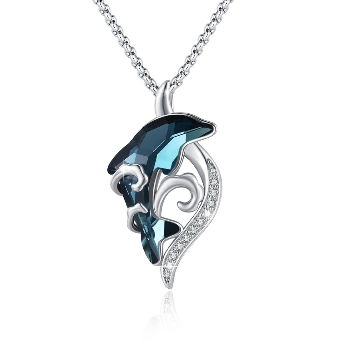 Sterling Silver Crystal Dolphin & Spray Pendant Necklace-1