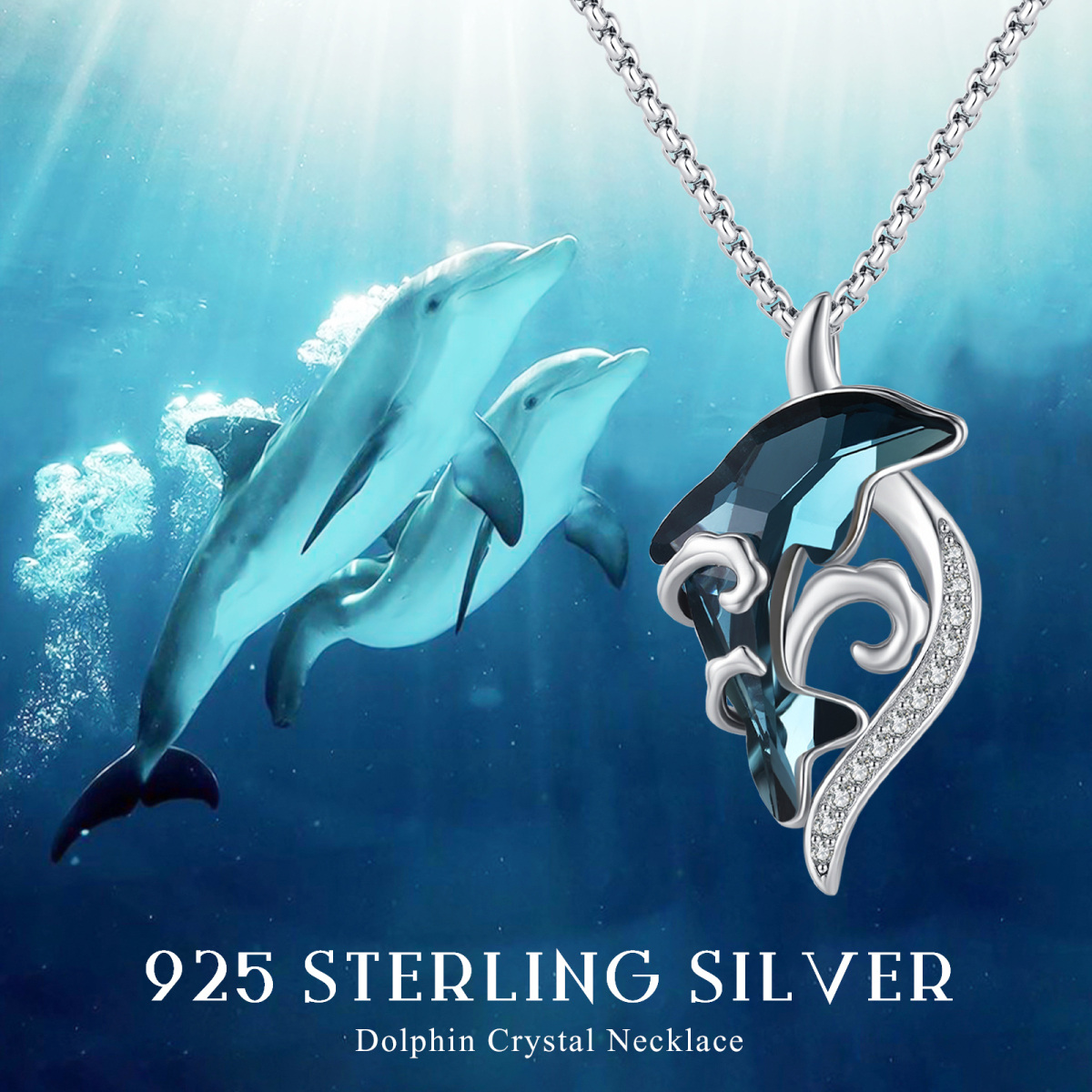 Sterling Silver Crystal Dolphin & Spray Pendant Necklace-5
