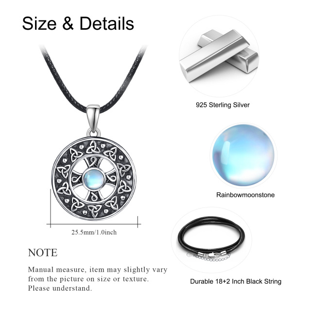 Sterling Silver with Black Rhodium Circular Shaped Moonstone Celtic Knot & Cross Pendant Necklace-4