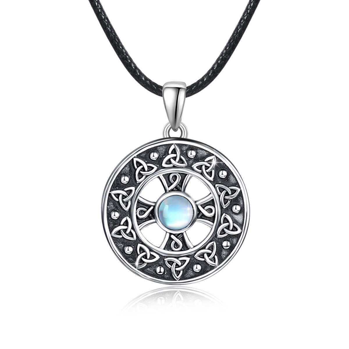 Sterling Silver with Black Rhodium Circular Shaped Moonstone Celtic Knot & Cross Pendant Necklace-1