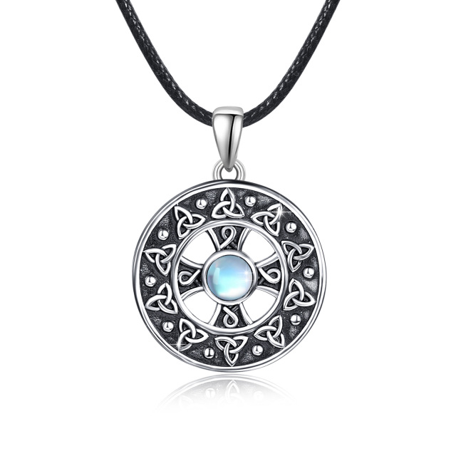 Sterling Silver with Black Rhodium Circular Shaped Moonstone Celtic Knot & Cross Pendant Necklace-0