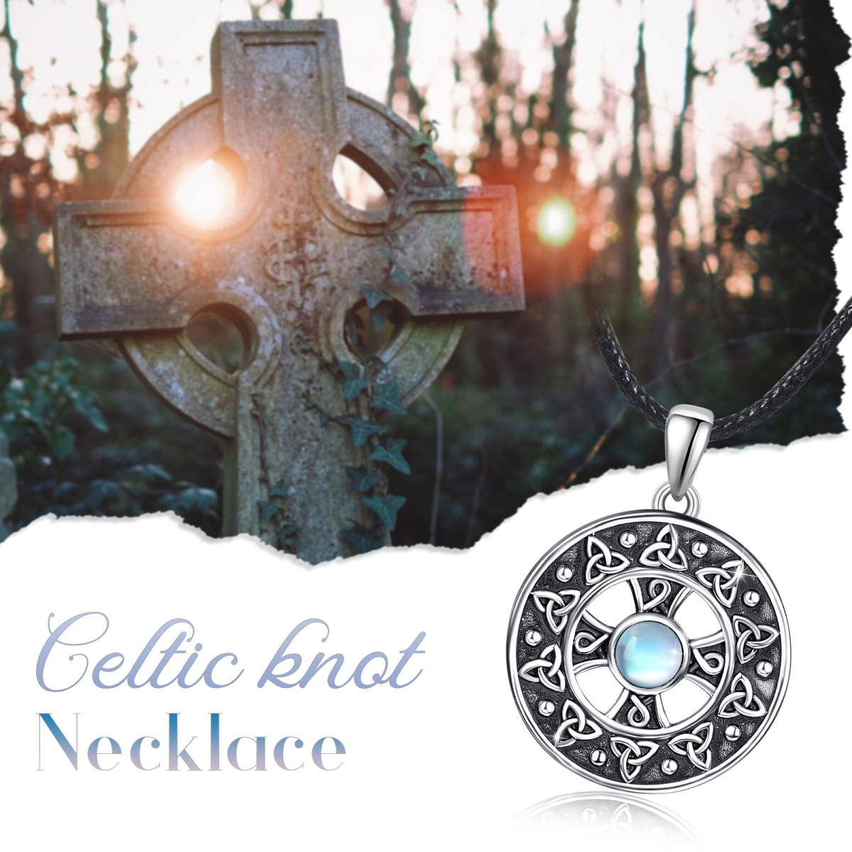Sterling Silver with Black Rhodium Circular Shaped Moonstone Celtic Knot & Cross Pendant Necklace-6