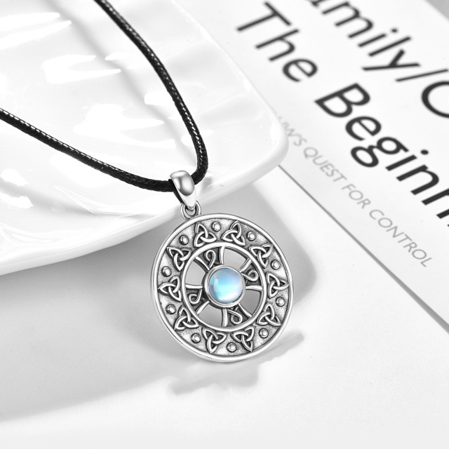 Sterling Silver with Black Rhodium Circular Shaped Moonstone Celtic Knot & Cross Pendant Necklace-3
