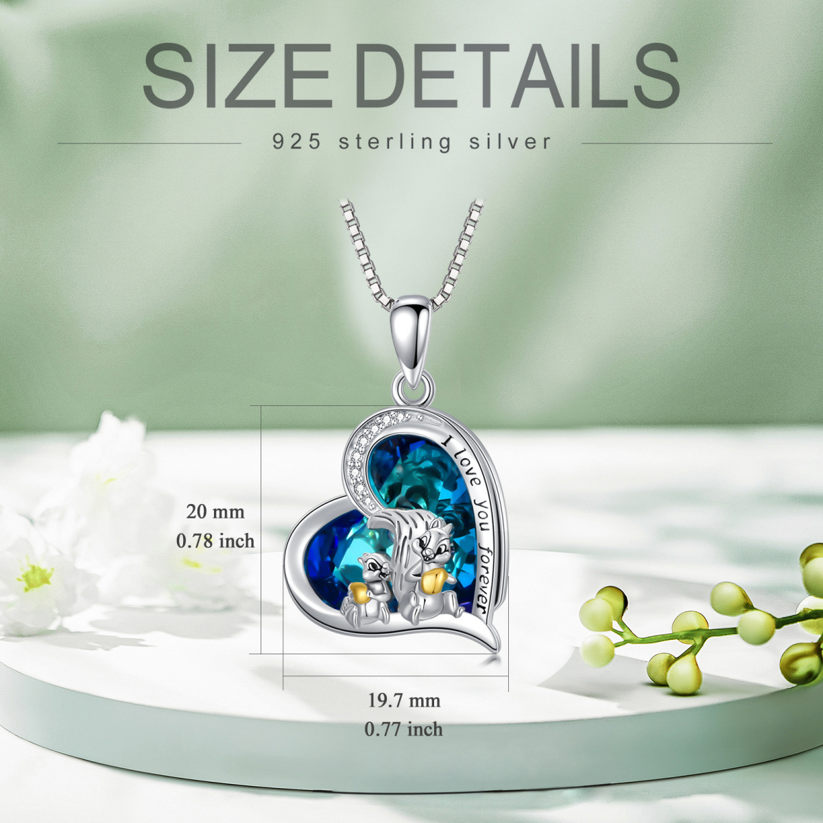 Sterling Silver Two-tone Heart Shaped Squirrel & Heart Crystal Pendant Necklace with Engraved Word-6