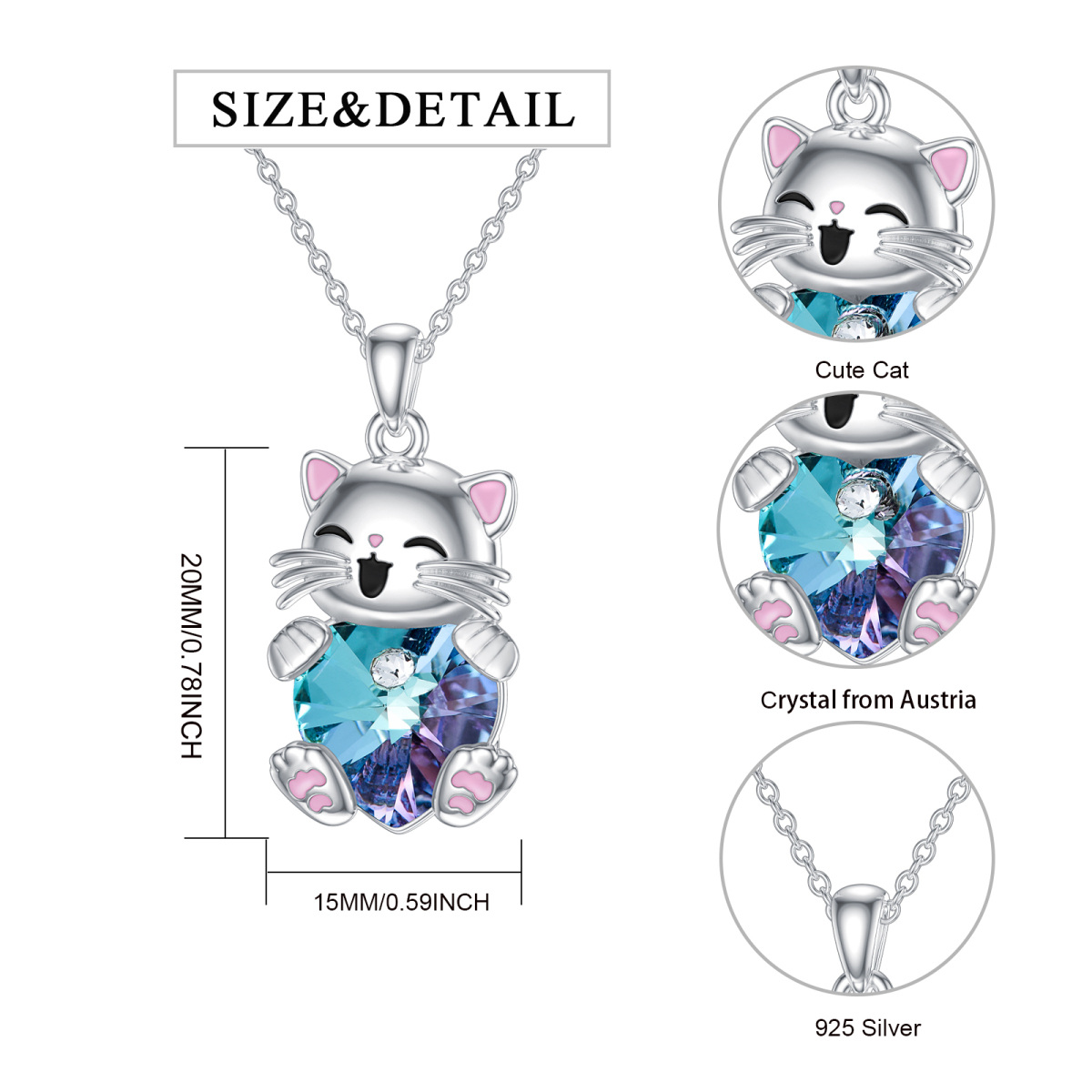 Sterling Silber Herz Kristall Anhänger Katze Halskette-6