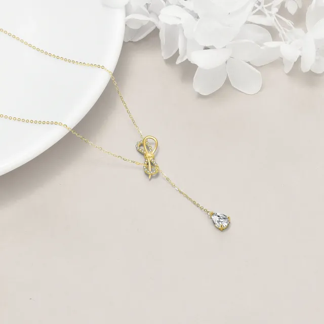 14K Gold Pear Shaped Zircon Bow & Drop Shape Adjustable Y Necklace-3