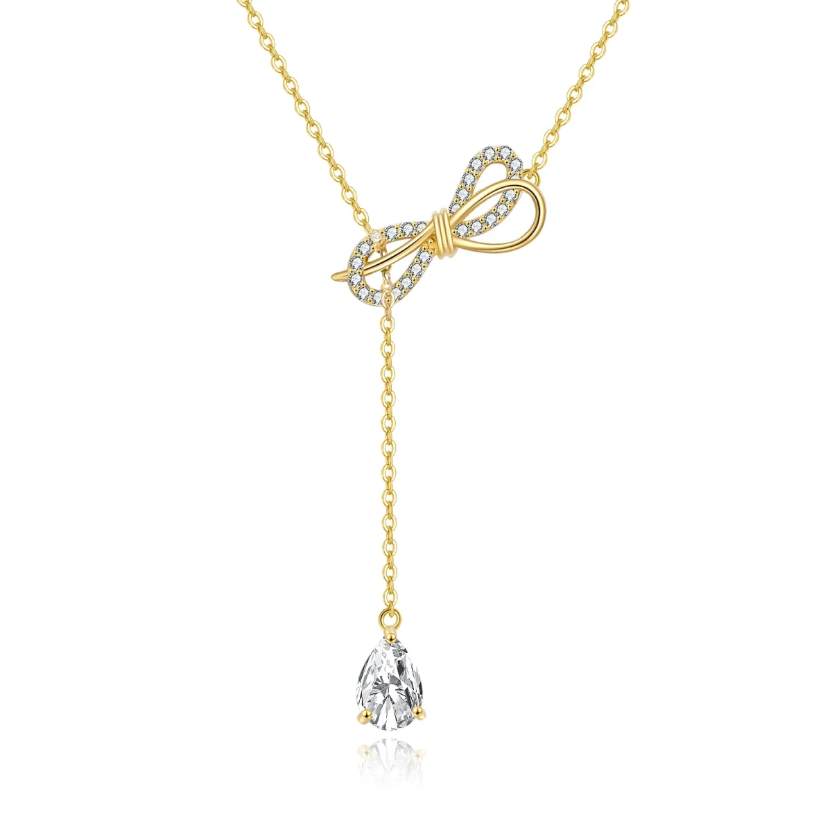 14K Gold Pear Shaped Zircon Bow & Drop Shape Adjustable Y Necklace-1