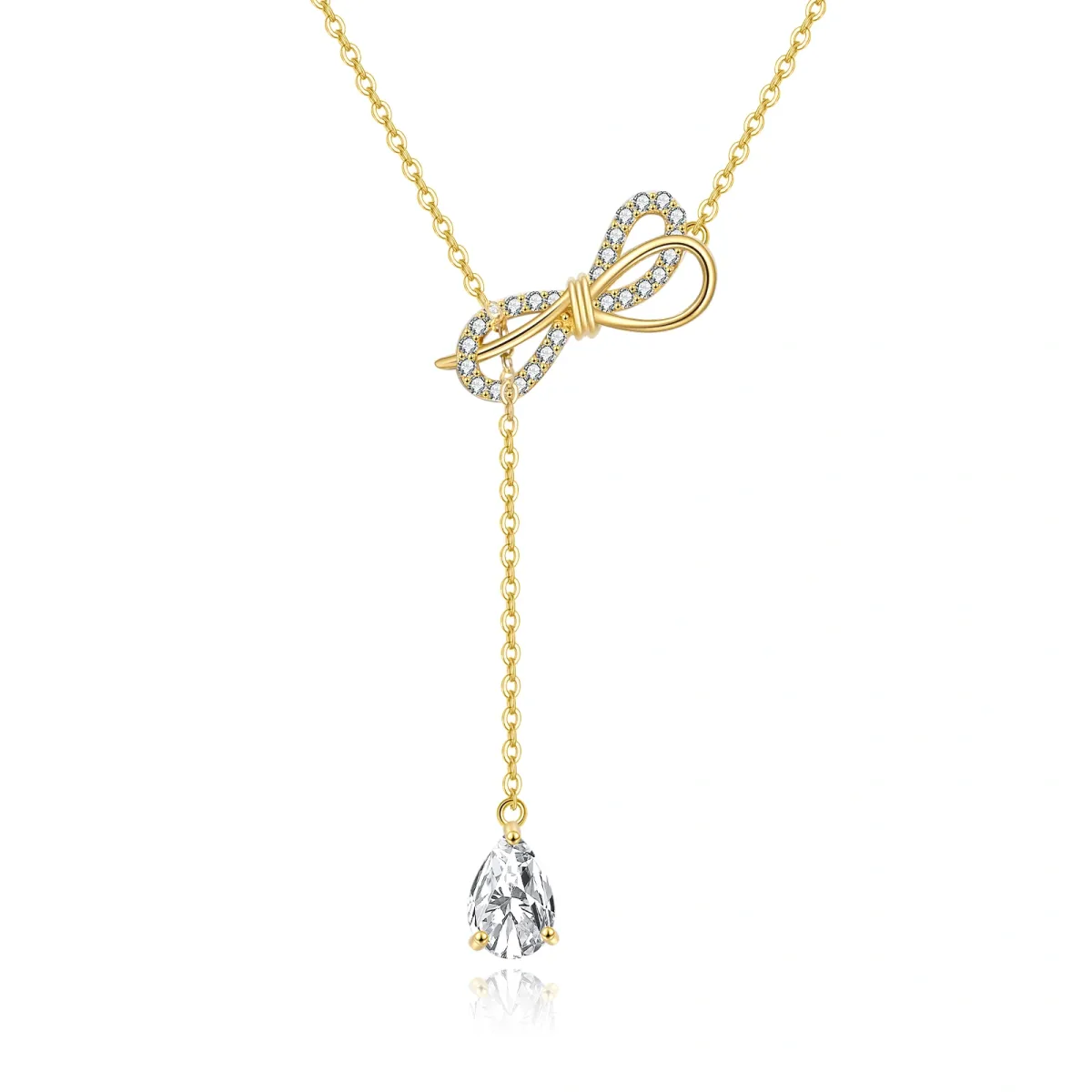 Collier Y ajustable en or 14K avec noeud et goutte de zircon en forme de poire-1