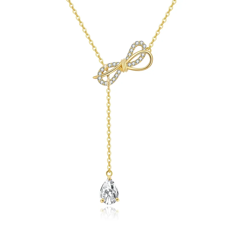 14K Gold Pear Shaped Zircon Bow & Drop Shape Adjustable Y Necklace