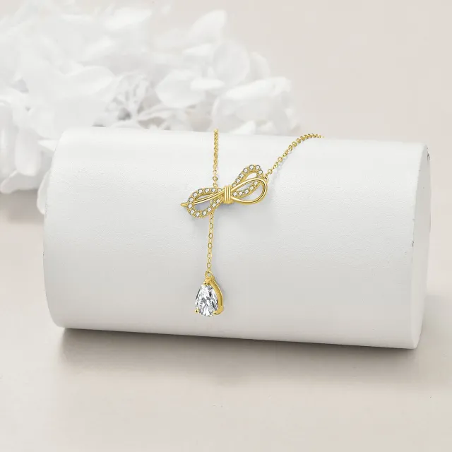 14K Gold Pear Shaped Zircon Bow & Drop Shape Adjustable Y Necklace-2