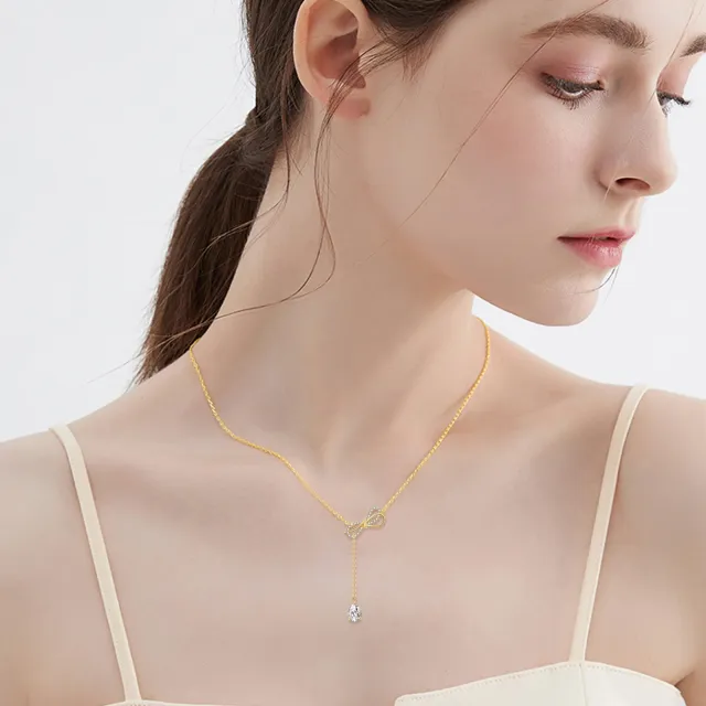 14K Gold Pear Shaped Zircon Bow & Drop Shape Adjustable Y Necklace-1