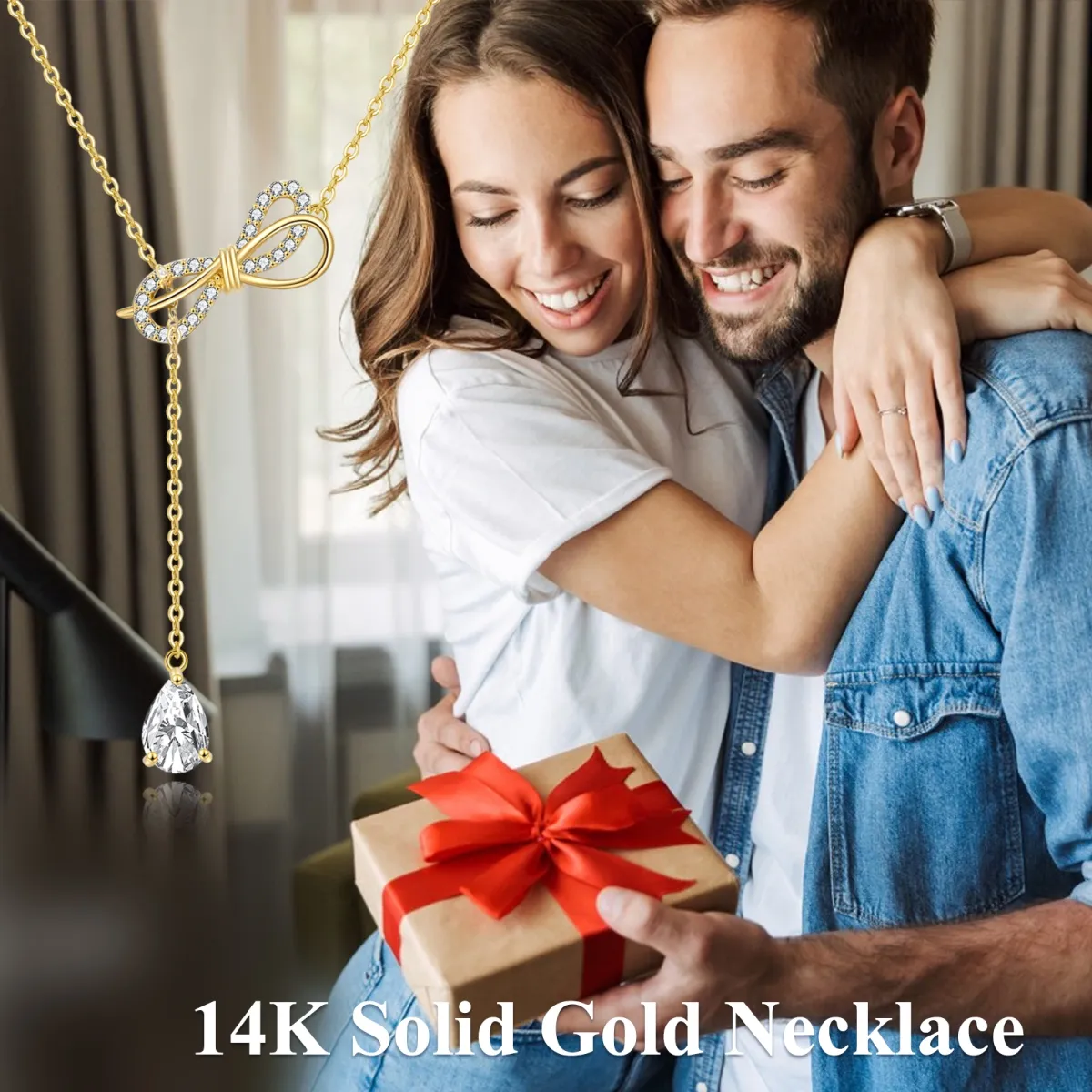 14K Gold Pear Shaped Zircon Bow & Drop Shape Adjustable Y Necklace-6