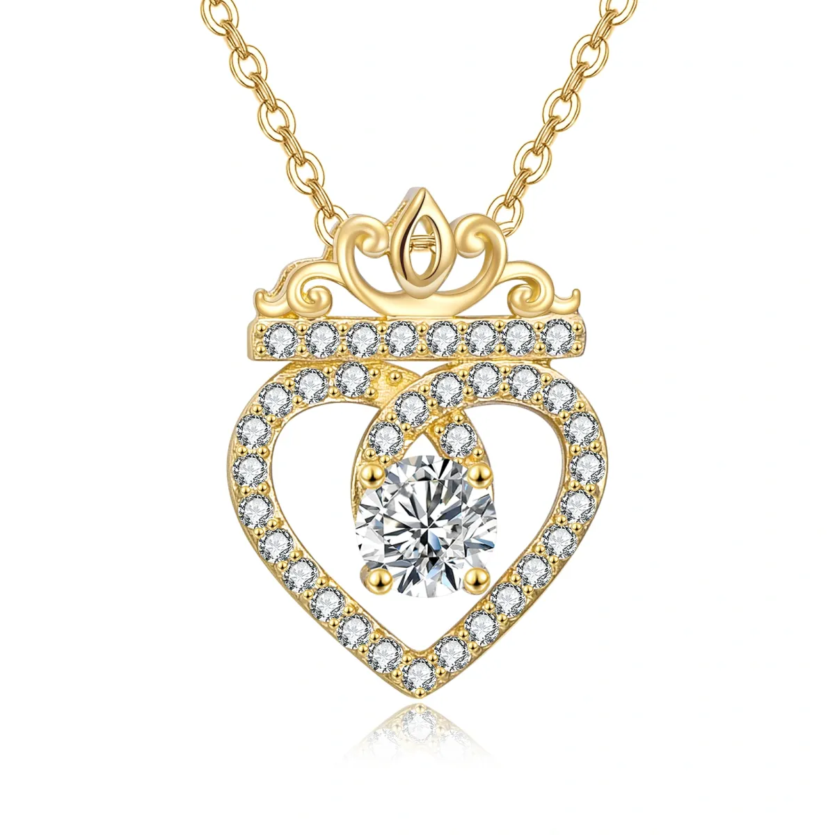 14K Gold Circular Shaped Cubic Zirconia Crown & Heart Pendant Necklace-1