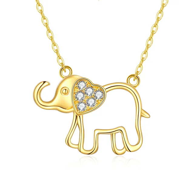 Collier pendentif éléphant et coeur en or 14K à zircon cubique-0