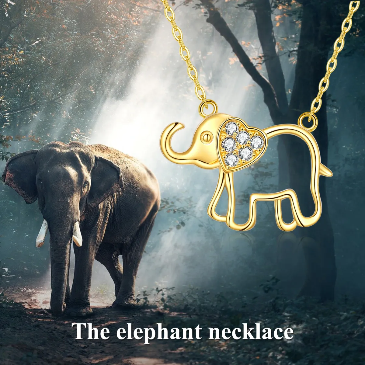 Collar de oro de 14 quilates con colgante de elefante y corazón de circonita-6