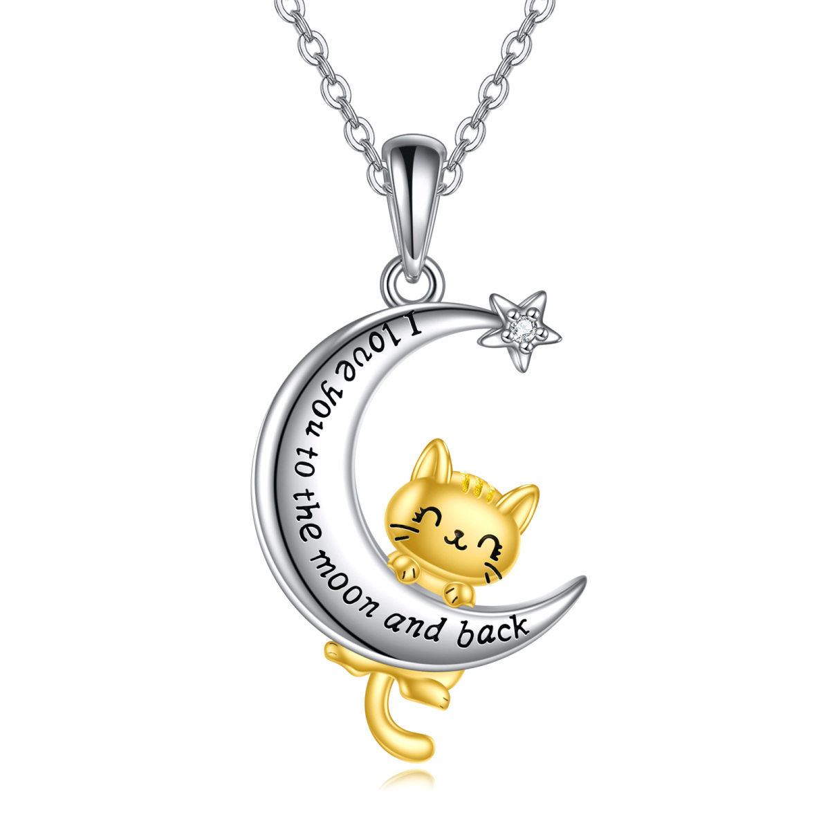 Sterling Silver Two-tone Round Cubic Zirconia Cat & Moon & Star Pendant Necklace with Engraved Word-1