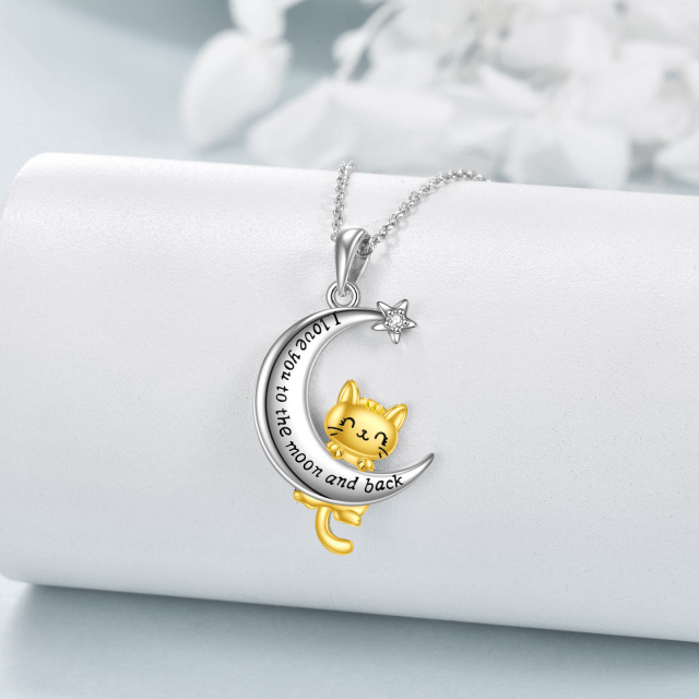 Sterling Silver Two-tone Round Cubic Zirconia Cat & Moon & Star Pendant Necklace with Engraved Word-2