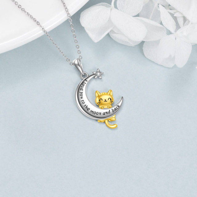 Sterling Silver Two-tone Round Cubic Zirconia Cat & Moon & Star Pendant Necklace with Engraved Word-3