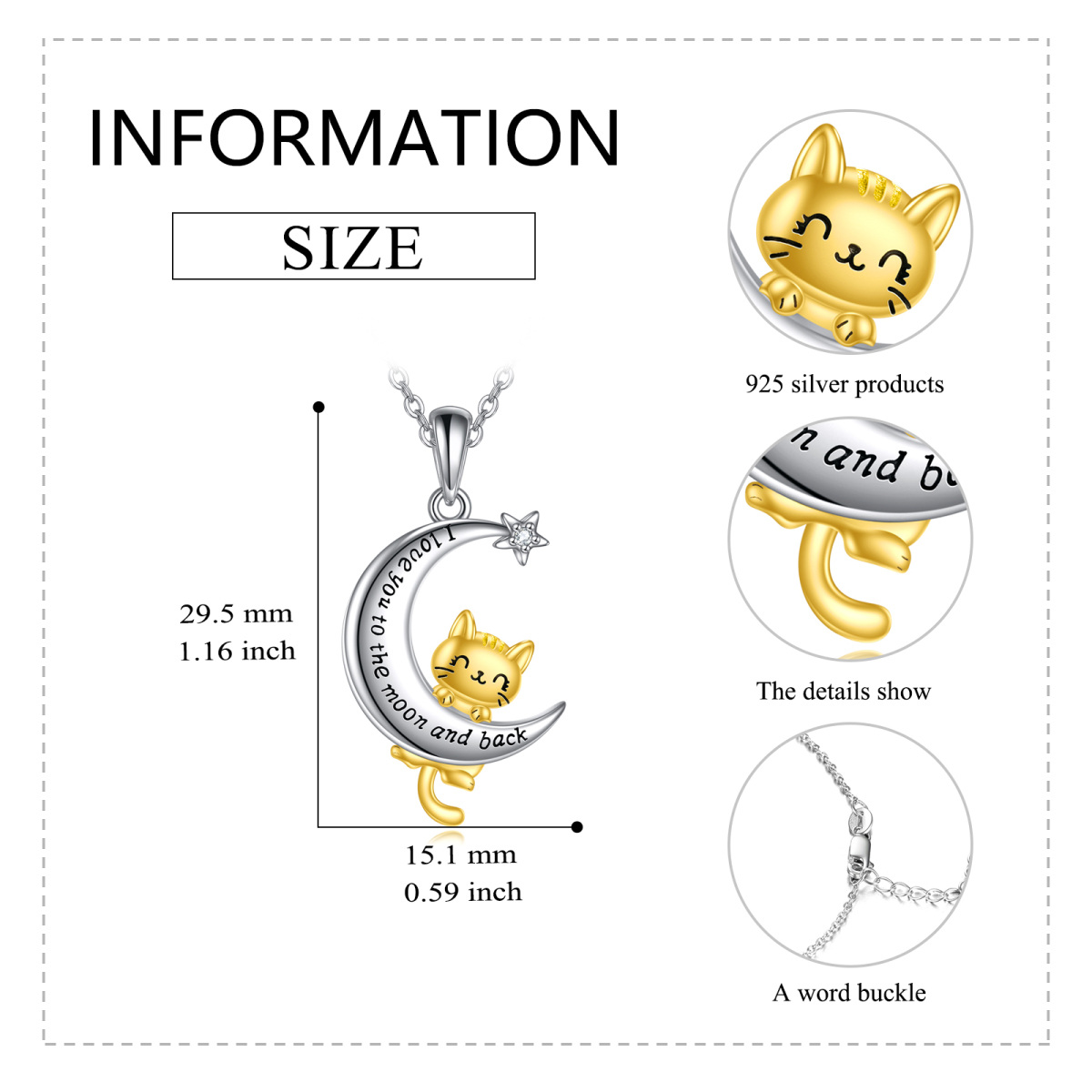 Sterling Silver Two-tone Round Cubic Zirconia Cat & Moon & Star Pendant Necklace with Engraved Word-6