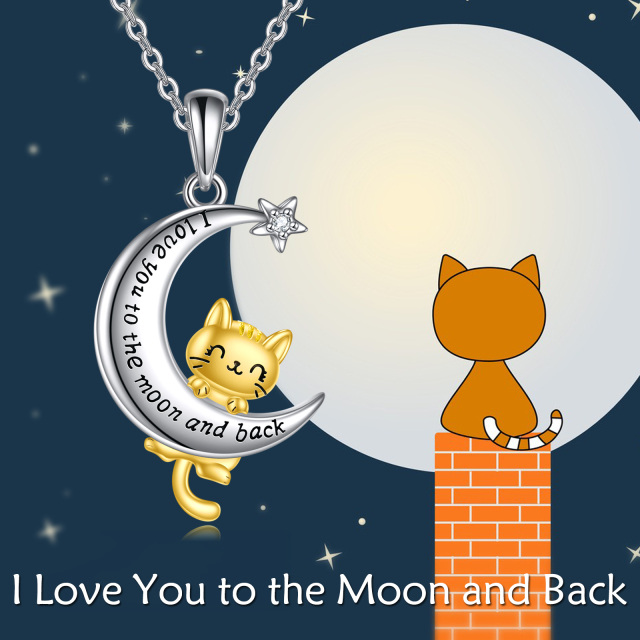 Sterling Silver Two-tone Round Cubic Zirconia Cat & Moon & Star Pendant Necklace with Engraved Word-4