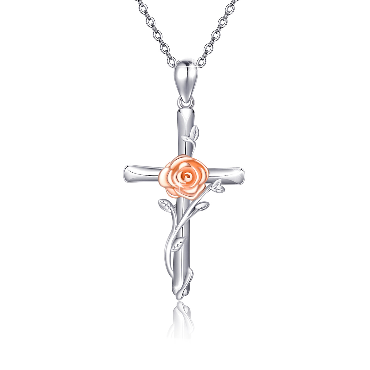 Sterling Silver Two-tone Rose & Cross Pendant Necklace-1