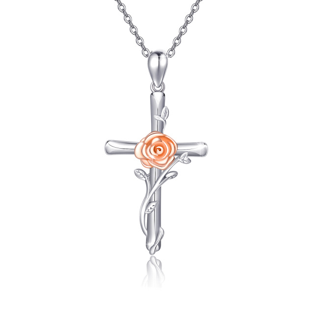 Sterling Silver Two-tone Rose & Cross Pendant Necklace-0