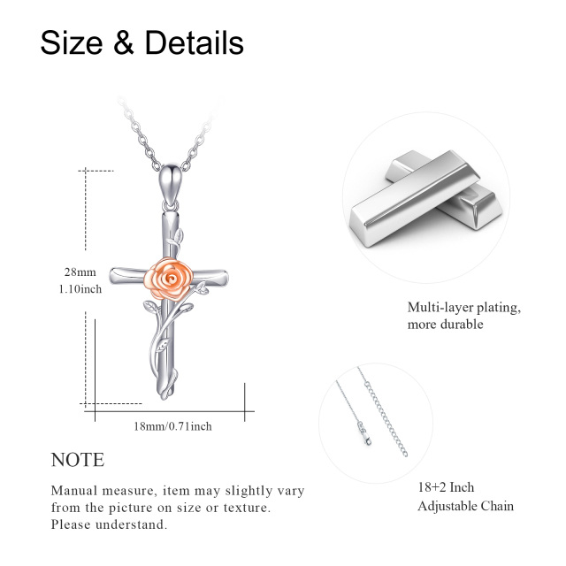 Colar de prata esterlina com pingente de rosa e cruz em dois tons-2