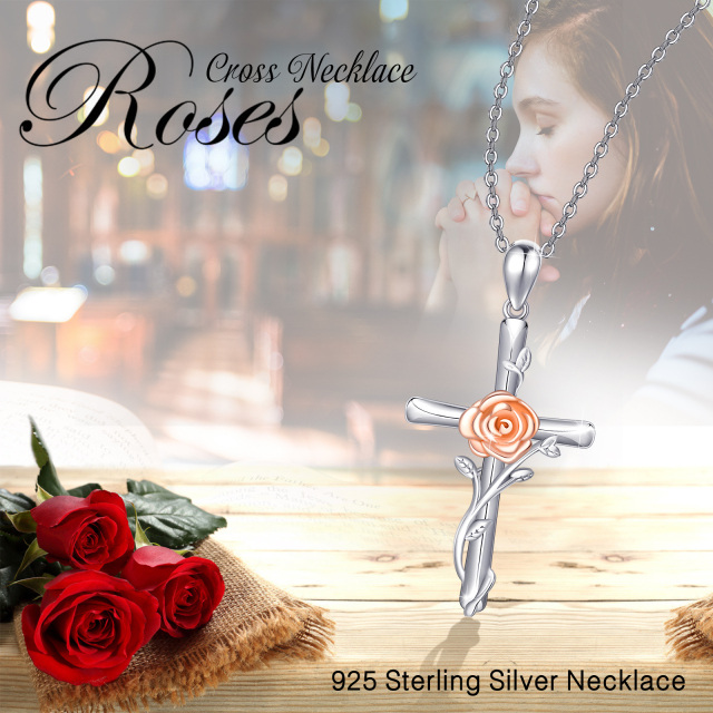 Sterling Silver Two-tone Rose & Cross Pendant Necklace-4