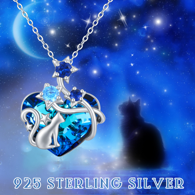 Sterling Silver Circular Shaped & Heart Shaped Cat & Heart Crystal Pendant Necklace-6