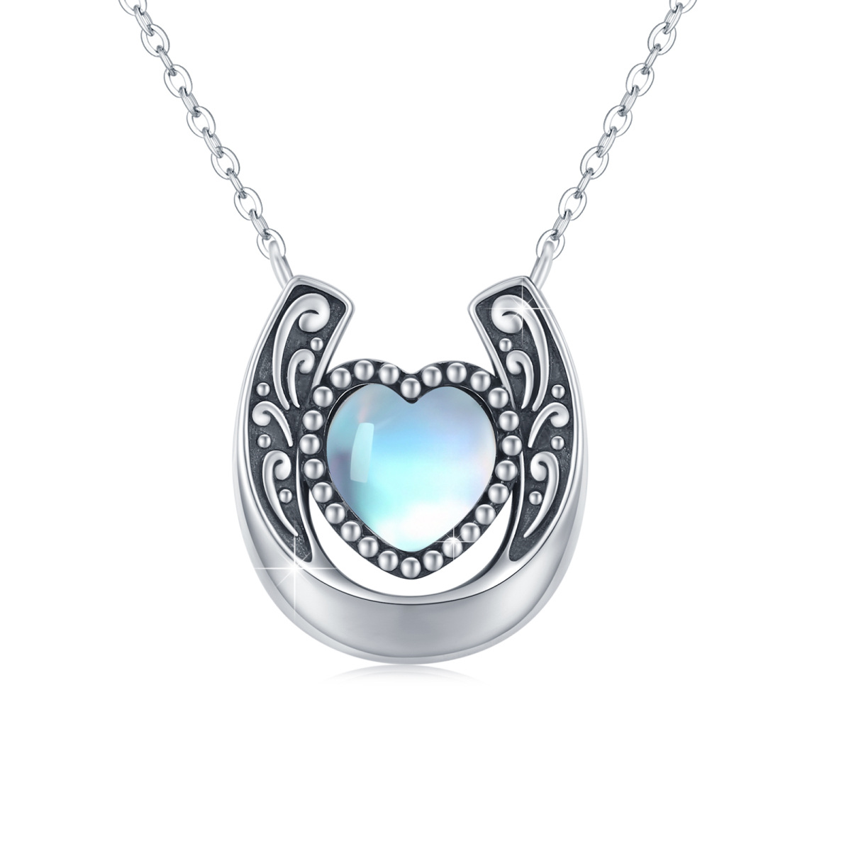 Sterling Silver Heart Moonstone Horseshoe Pendant Necklace-1