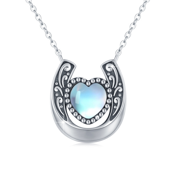 Sterling Silver Heart Moonstone Horseshoe Pendant Necklace-0