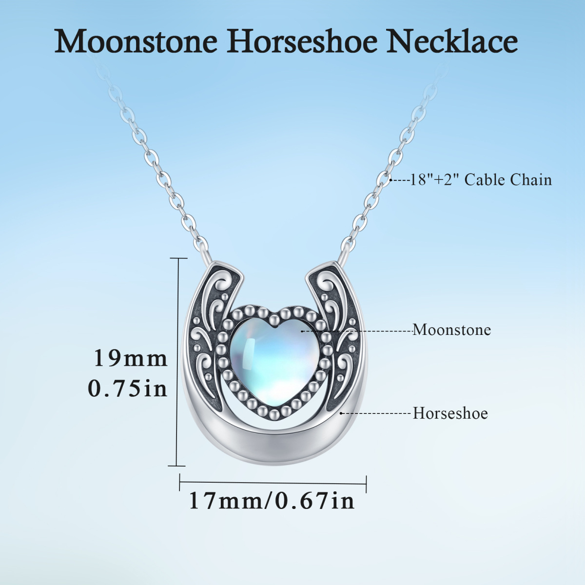 Sterling Silver Heart Moonstone Horseshoe Pendant Necklace-6