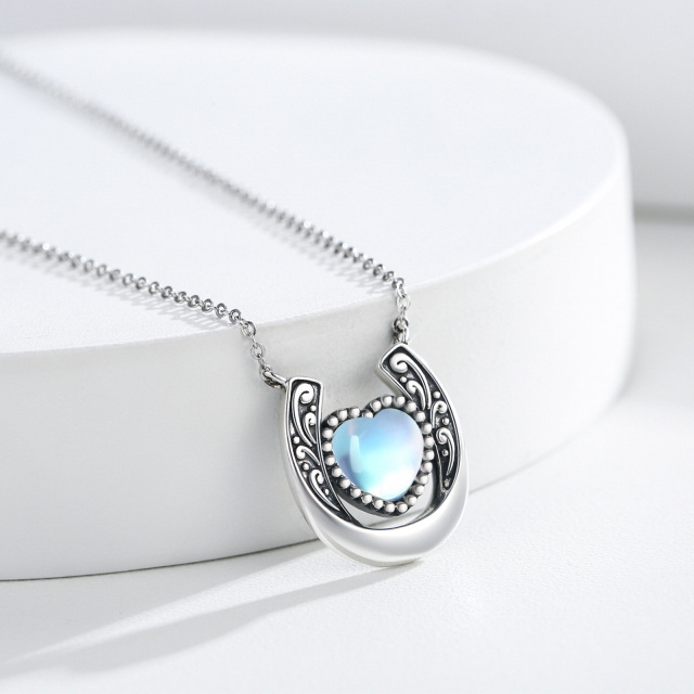 Sterling Silver Heart Moonstone Horseshoe Pendant Necklace-3