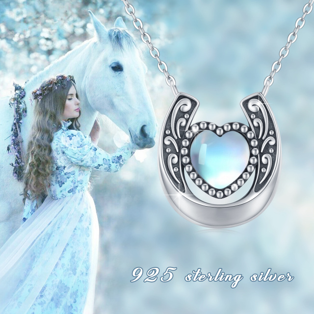 Sterling Silver Heart Moonstone Horseshoe Pendant Necklace-4