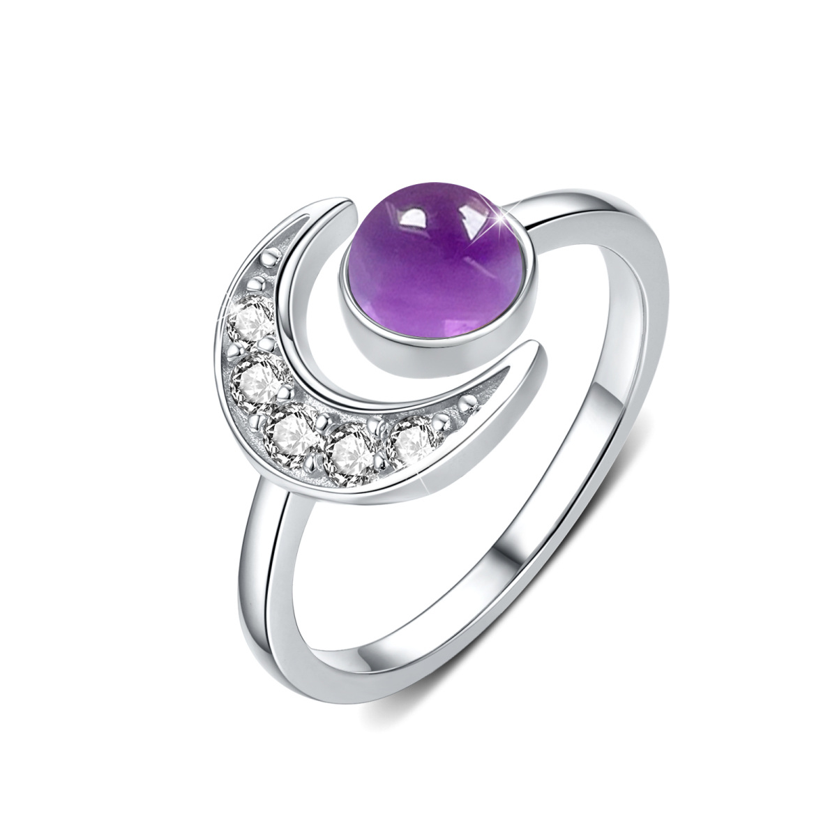 Sterling Silver Circular Shaped Amethyst Moon Open Ring-1