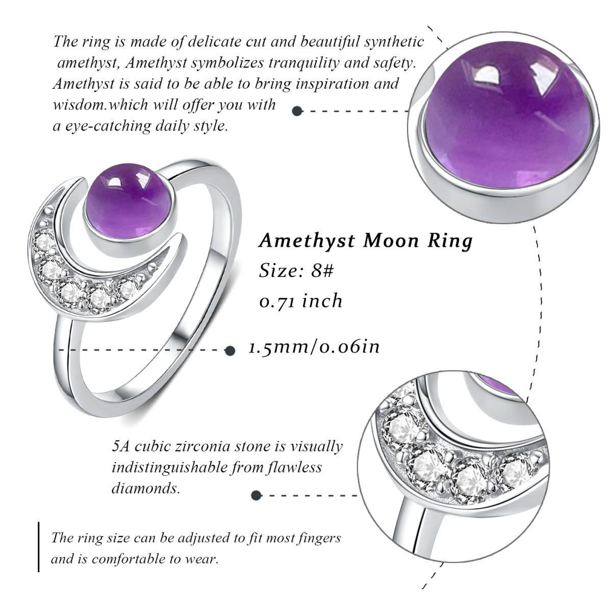 Sterling Silver Circular Shaped Amethyst Moon Open Ring-5