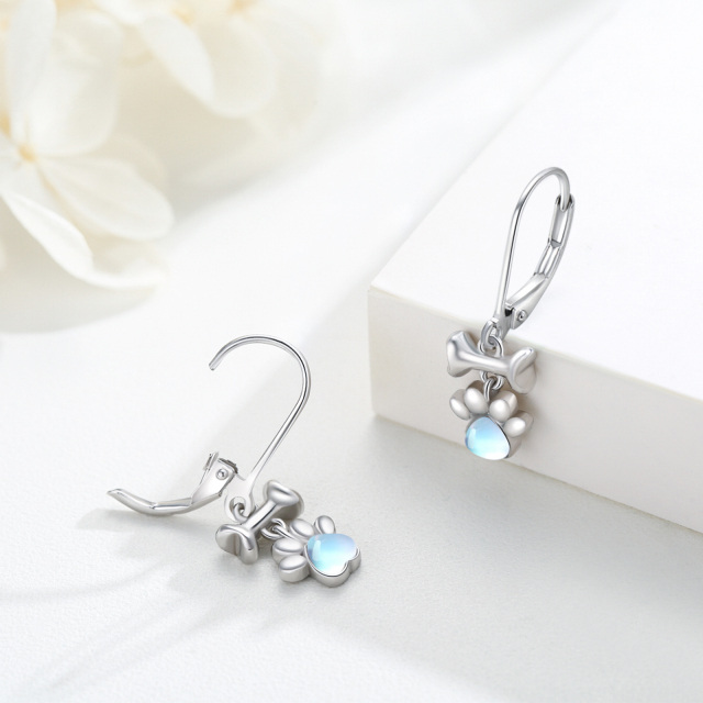 Sterling Silver Heart Shaped Moonstone Paw & Bone Lever-back Earrings-2