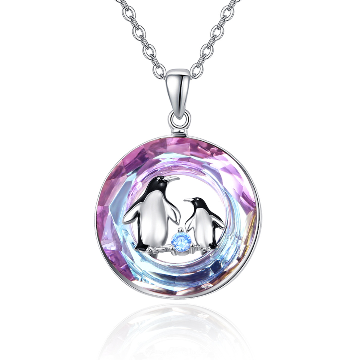 Sterling Silver Penguin Mom & Child Purple Crystal Pendant Necklace-1