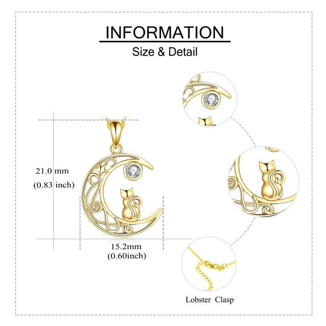 14K Gold Circular Shaped Cubic Zirconia Cat & Moon Pendant Necklace-4