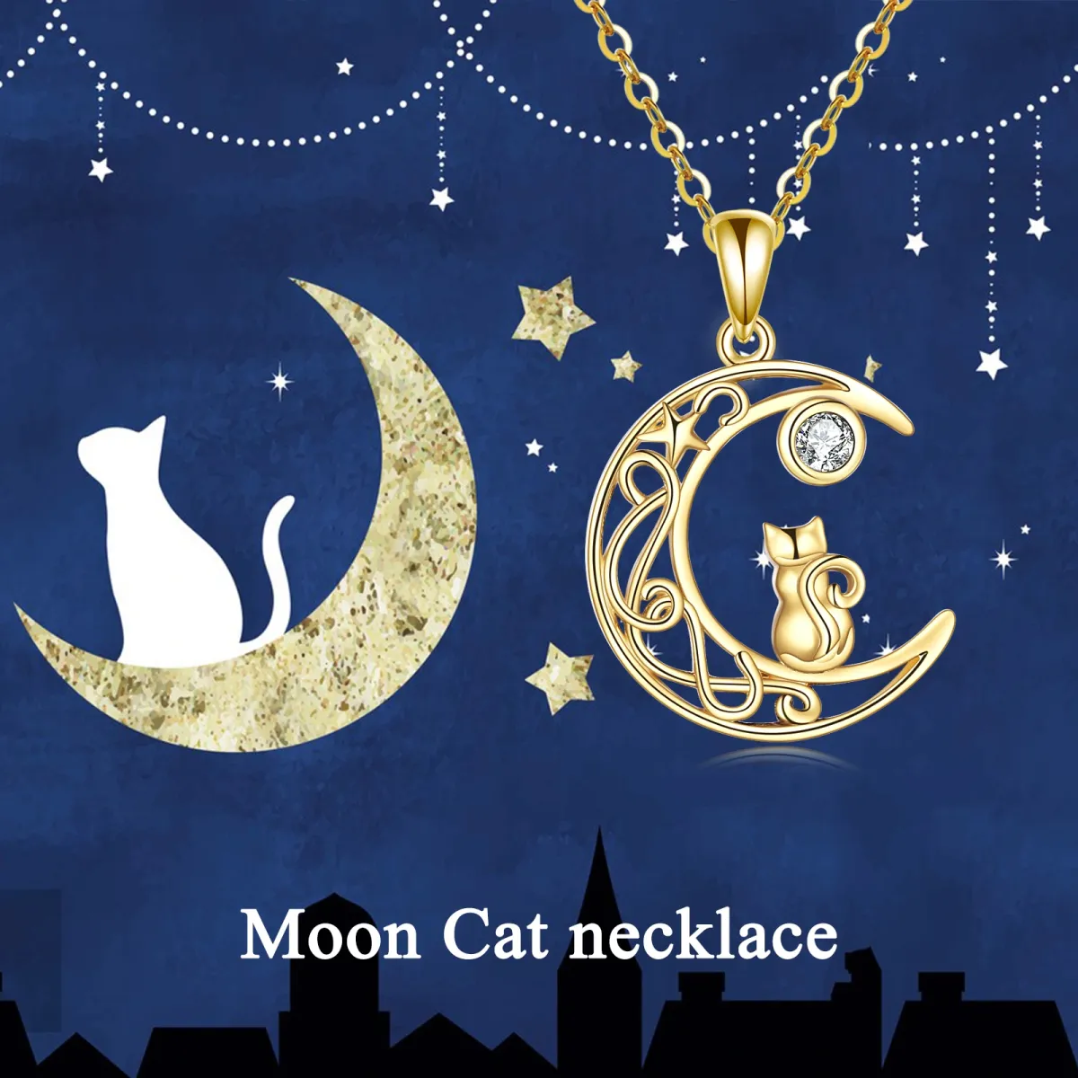 Collar de oro de 14 quilates con circonita cúbica en forma de gato y luna-6