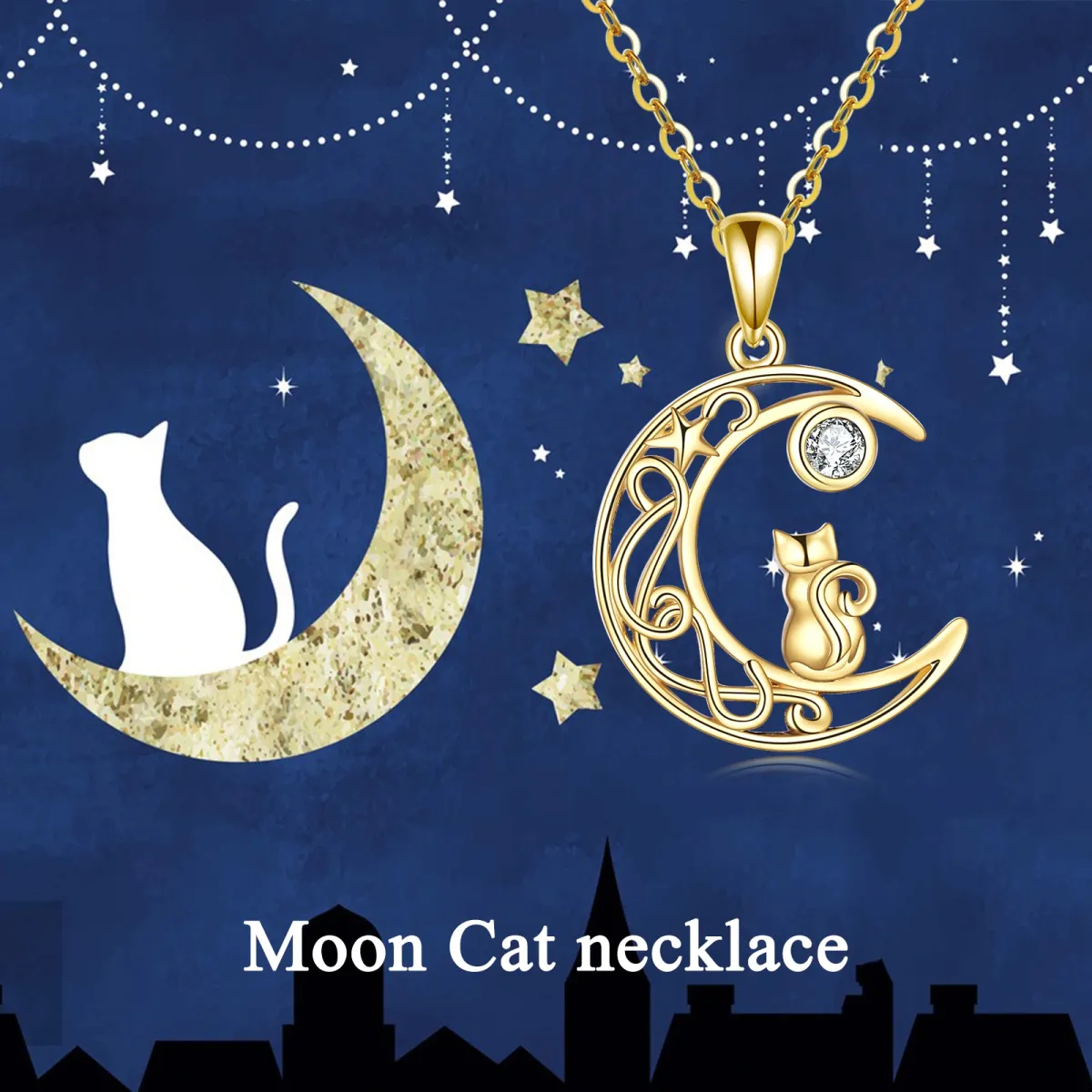 Collier pendentif chat et lune en or 14K à zircon cubique-6