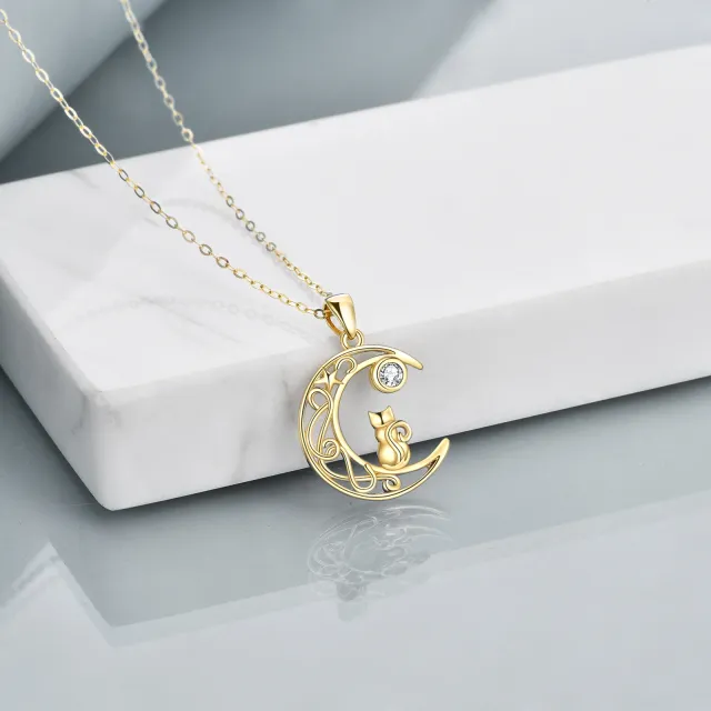 14K Gold Circular Shaped Cubic Zirconia Cat & Moon Pendant Necklace-2