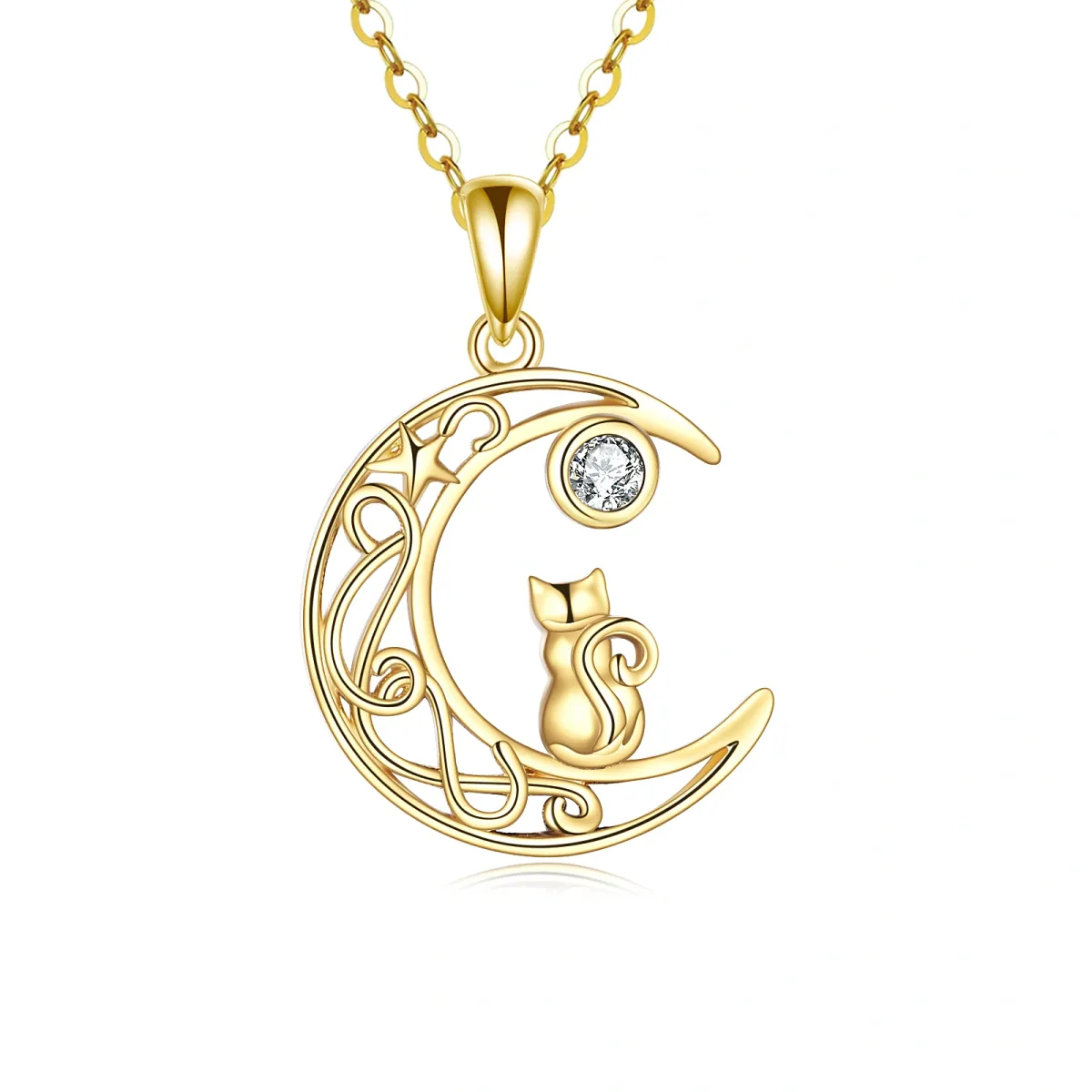 Collier pendentif chat et lune en or 14K à zircon cubique-1