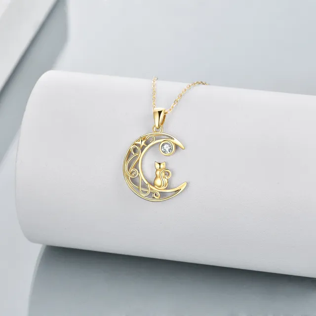 14K Gold Circular Shaped Cubic Zirconia Cat & Moon Pendant Necklace-3