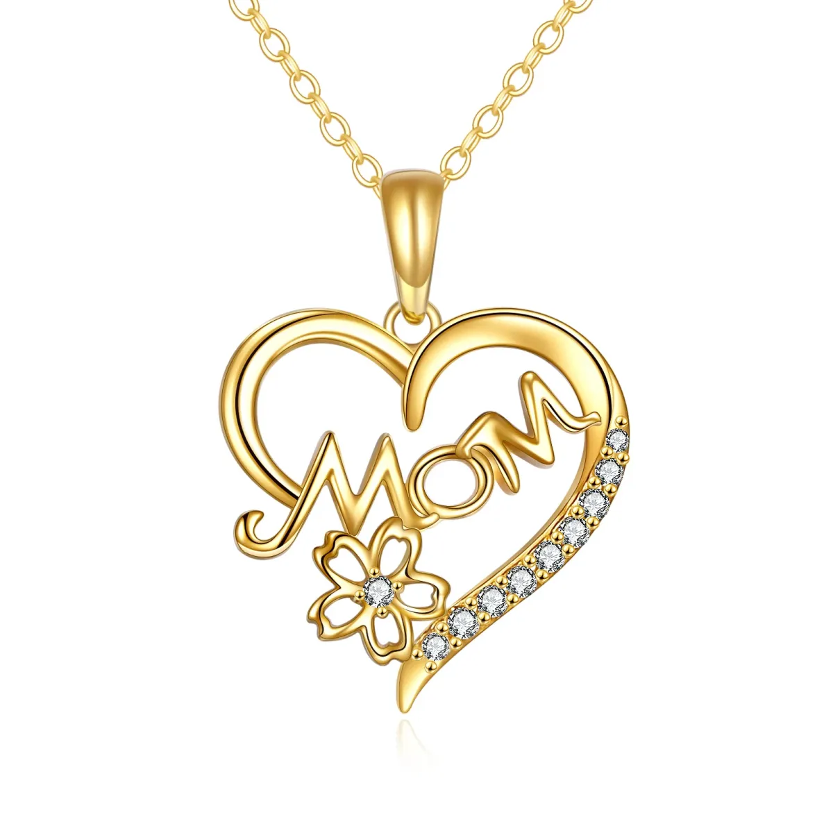 14K Gold Cubic Zirconia Mother & Heart Pendant Necklace-1