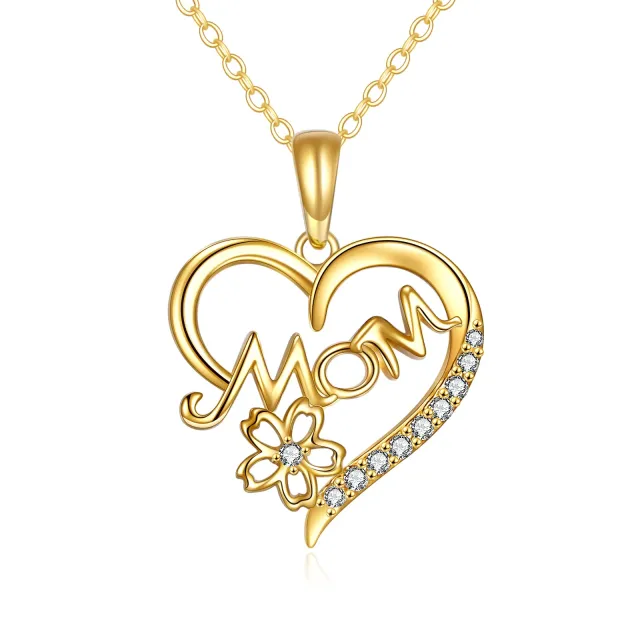 14K Gold Cubic Zirconia Mother & Heart Pendant Necklace-0